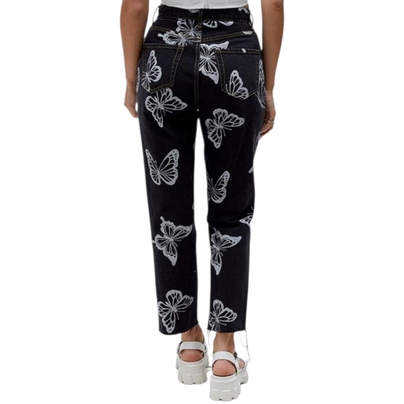 PACSUN‎ Eco Black Butterfly Jeans Women Sz 25 High Rise Straight Cotton Y2K Boho - Picture 5 of 13